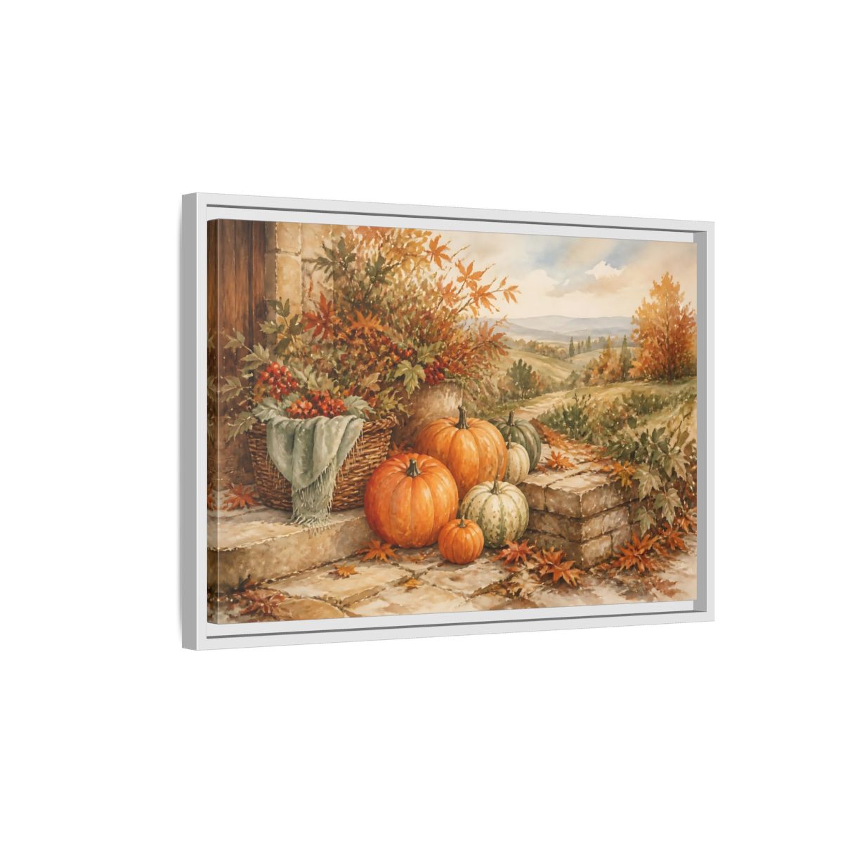Side Mockup 1. Harvest Pumpkins On Steps shown as framed canvas print