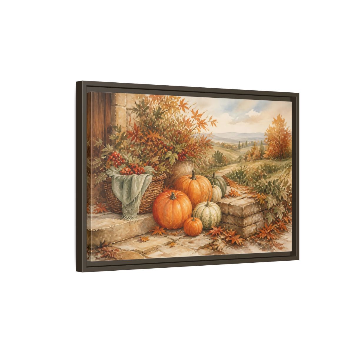 Side Mockup 2. Harvest Pumpkins On Steps shown as framed canvas print