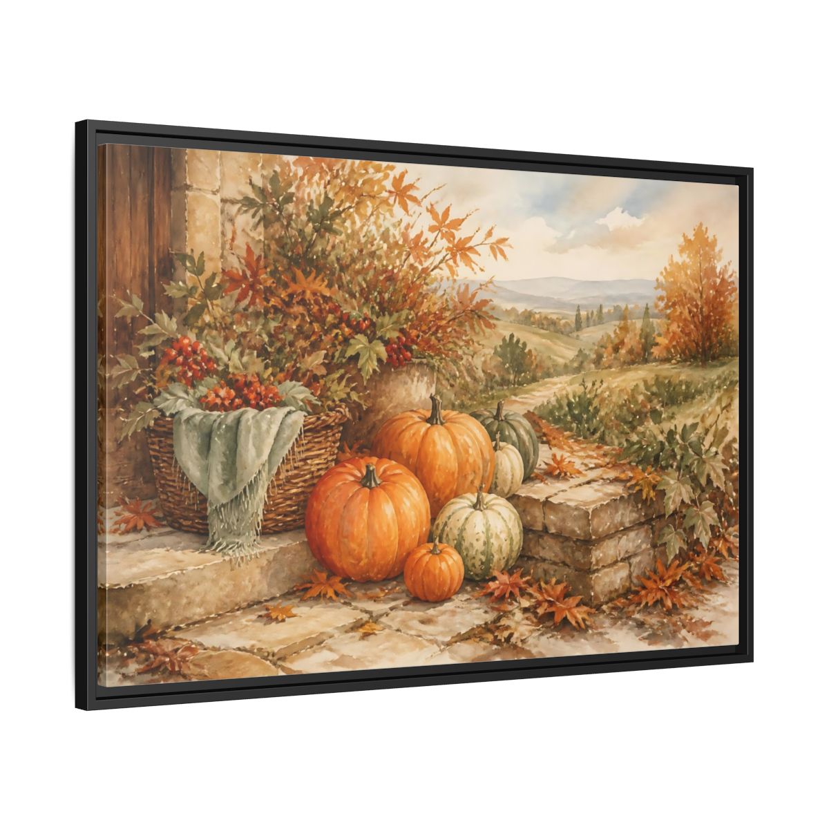 Side Mockup 13. Harvest Pumpkins On Steps shown as framed canvas print