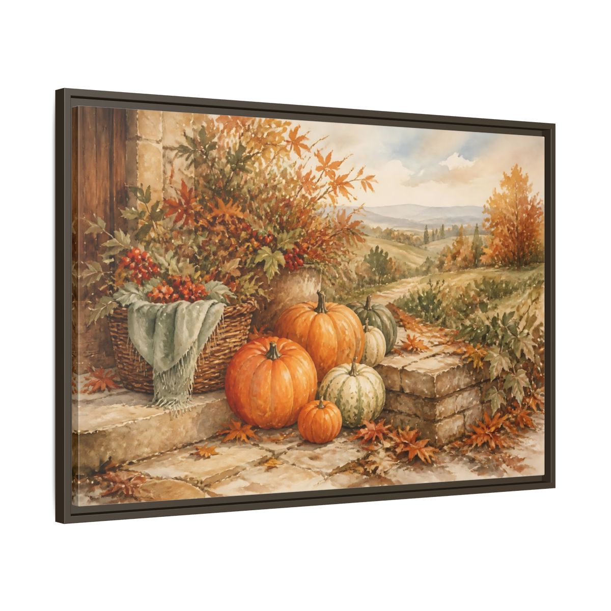 Main Mockup. Harvest Pumpkins On Steps shown as framed canvas print