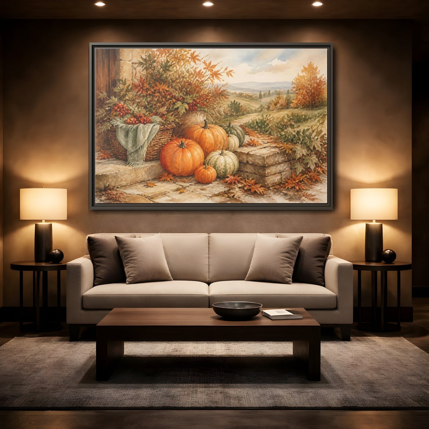 Mockup 2. Harvest Pumpkins On Steps shown as framed canvas print