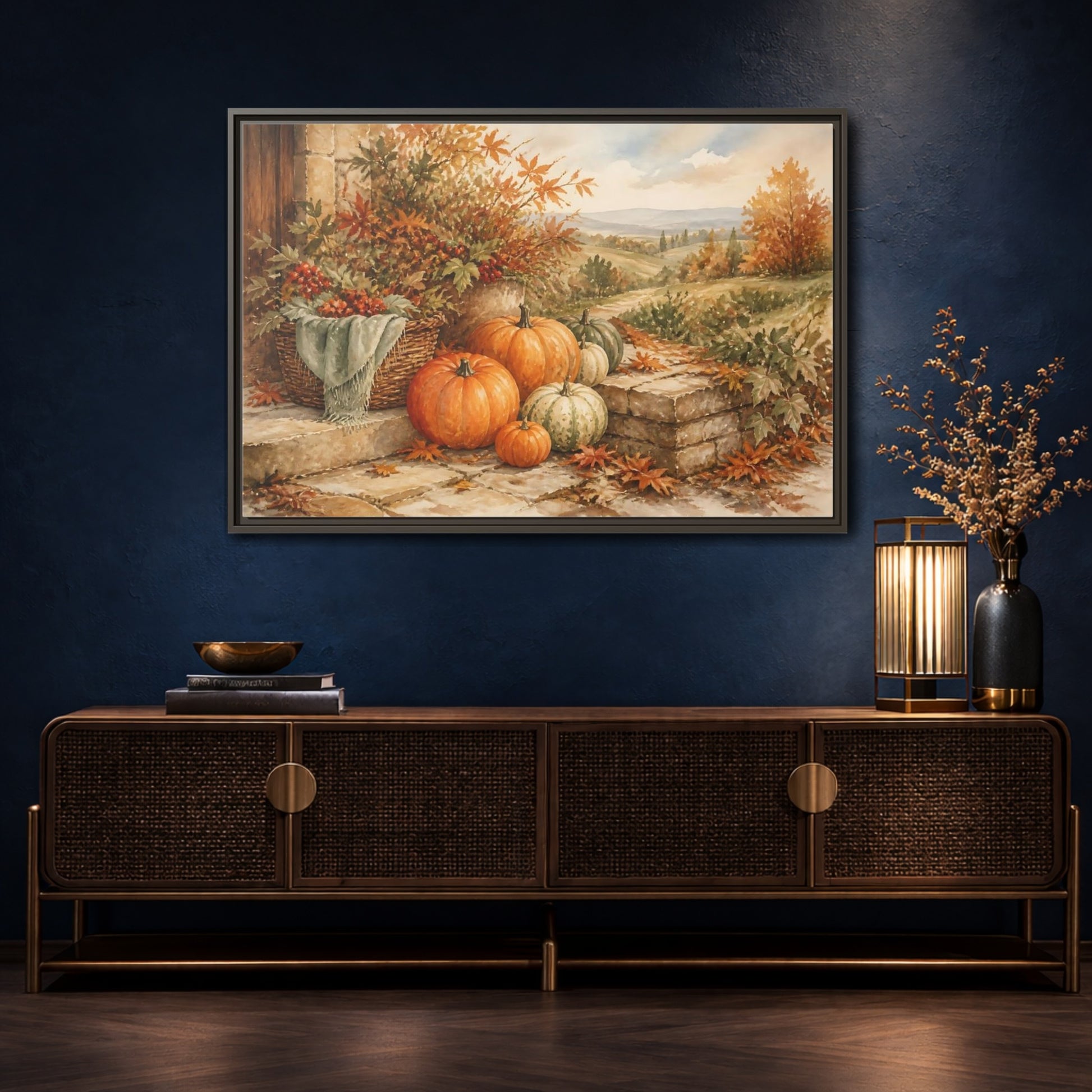 Mockup 4. Harvest Pumpkins On Steps shown as framed canvas print
