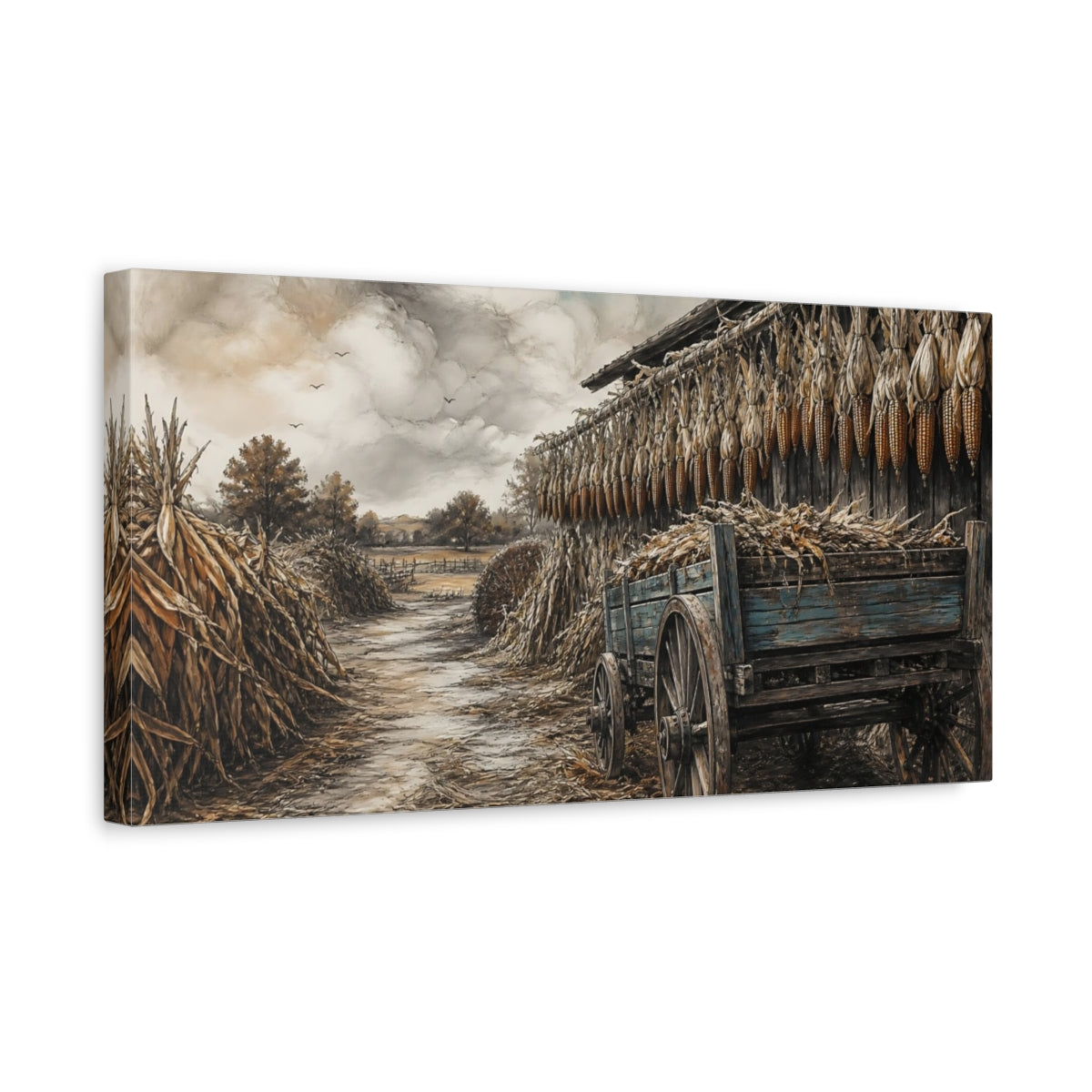 Side Mockup 3. Harvest Wagon With Hanging Corn shown as canvas print