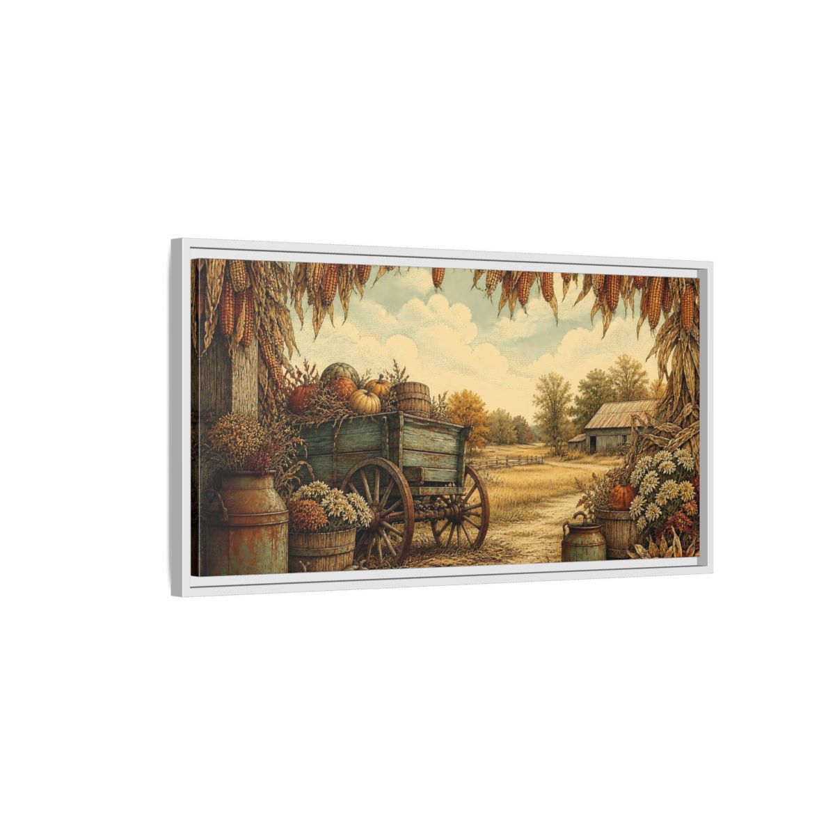 Side Mockup 1. Harvest Wagon With Pumpkins shown as framed canvas print