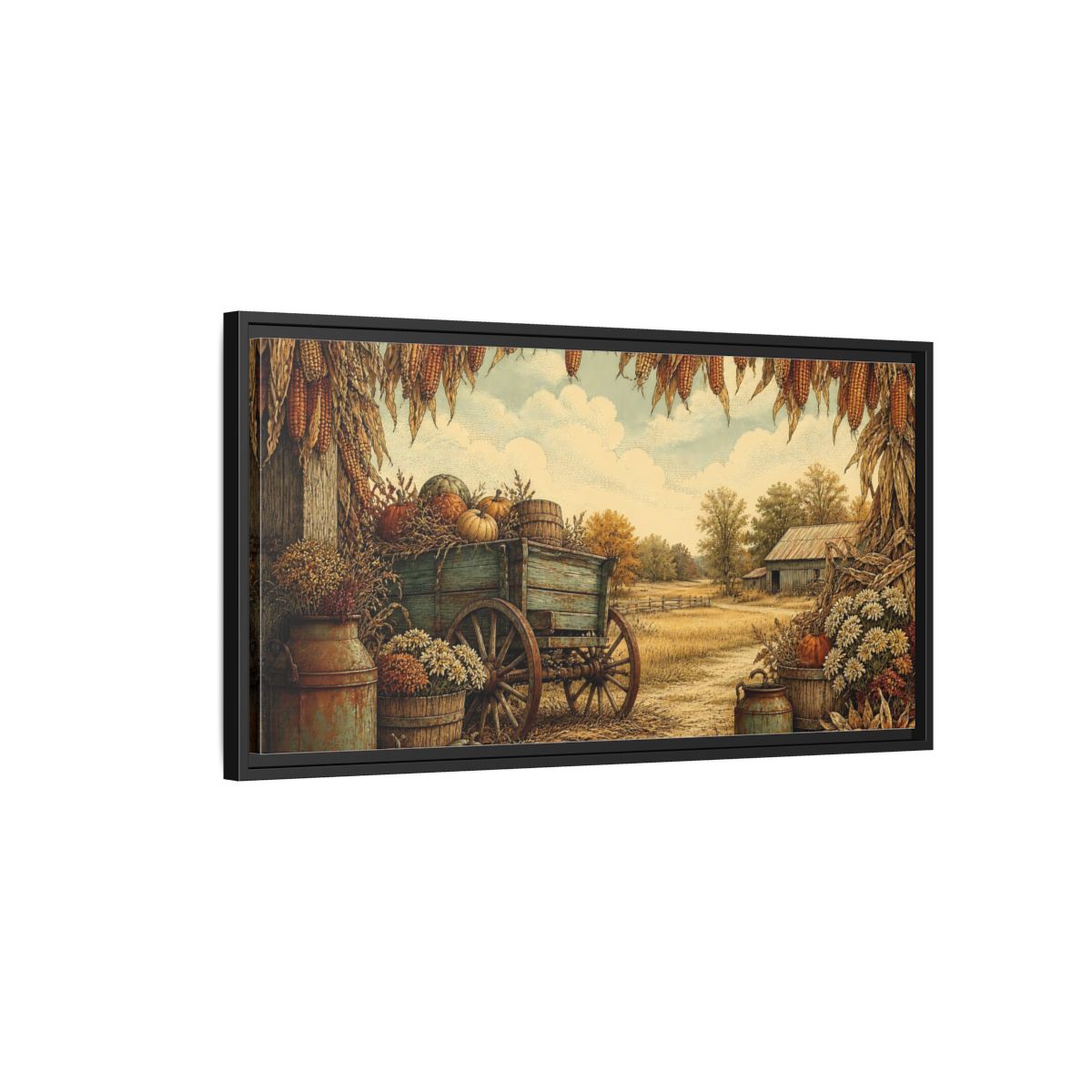 Side Mockup 2. Harvest Wagon With Pumpkins shown as framed canvas print