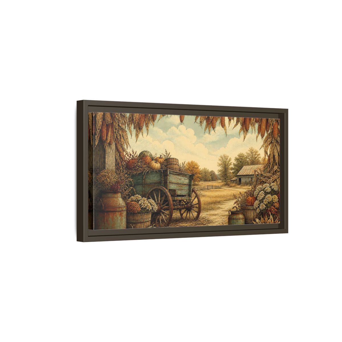 Side Mockup 7. Harvest Wagon With Pumpkins shown as framed canvas print