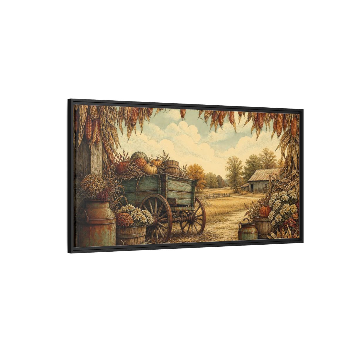 Side Mockup 5. Harvest Wagon With Pumpkins shown as framed canvas print
