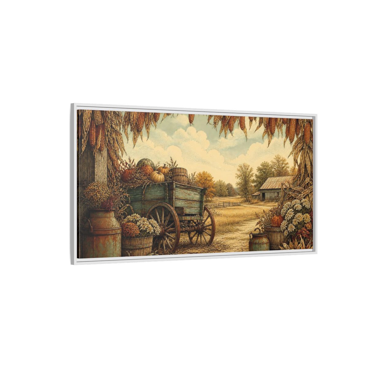 Side Mockup 3. Harvest Wagon With Pumpkins shown as framed canvas print