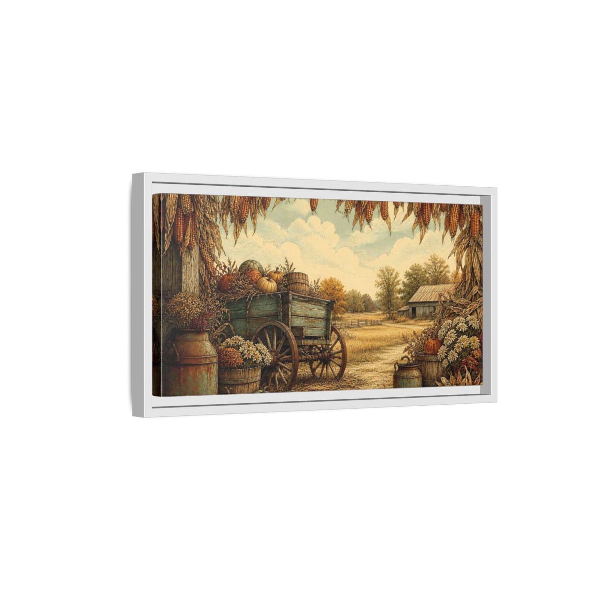 Side Mockup 6. Harvest Wagon With Pumpkins shown as framed canvas print