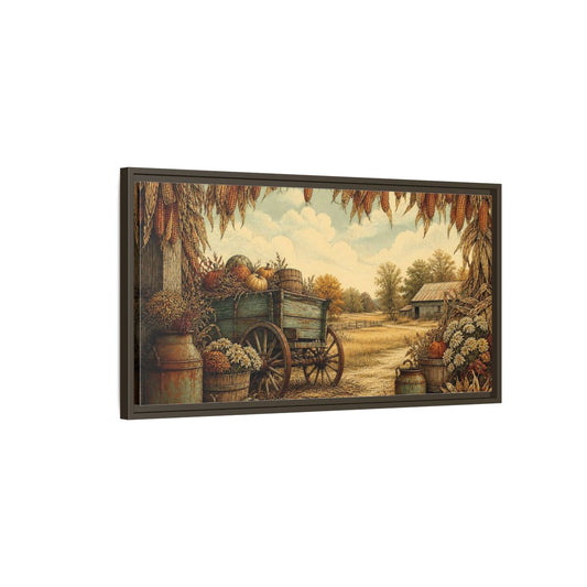 Main Mockup. Harvest Wagon With Pumpkins shown as framed canvas print