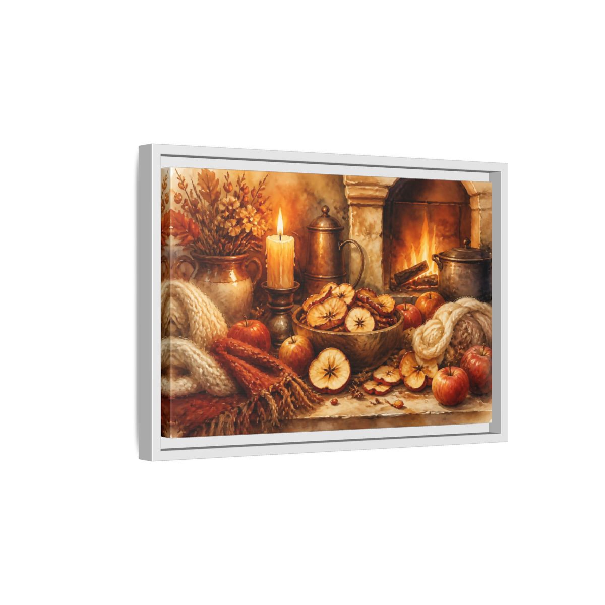 Side Mockup 4. Hearthside Autumn Apples shown as framed canvas print