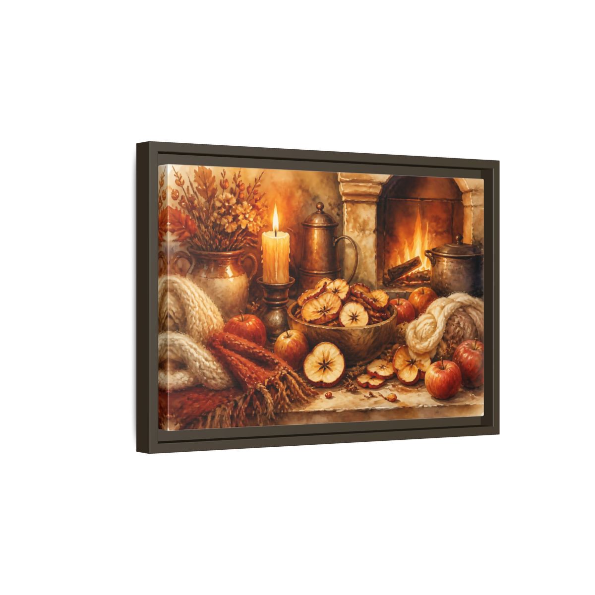Side Mockup 5. Hearthside Autumn Apples shown as framed canvas print