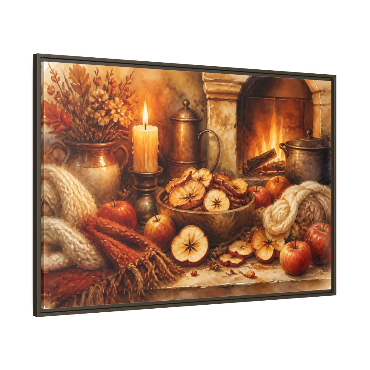 Side Mockup 8. Hearthside Autumn Apples shown as framed canvas print