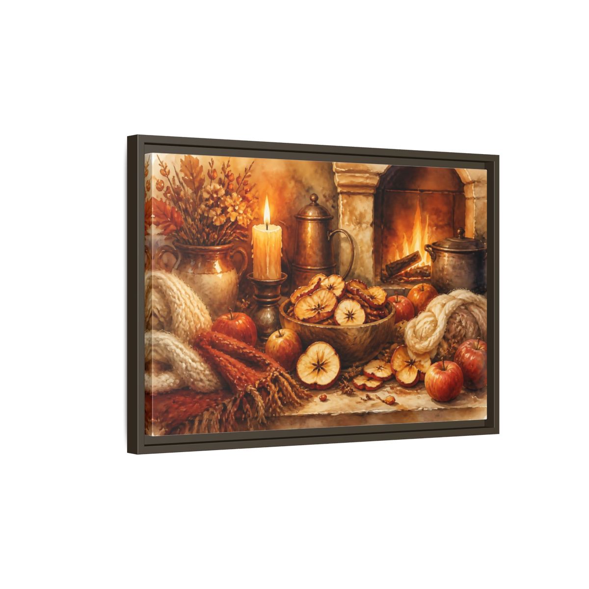 Side Mockup 2. Hearthside Autumn Apples shown as framed canvas print