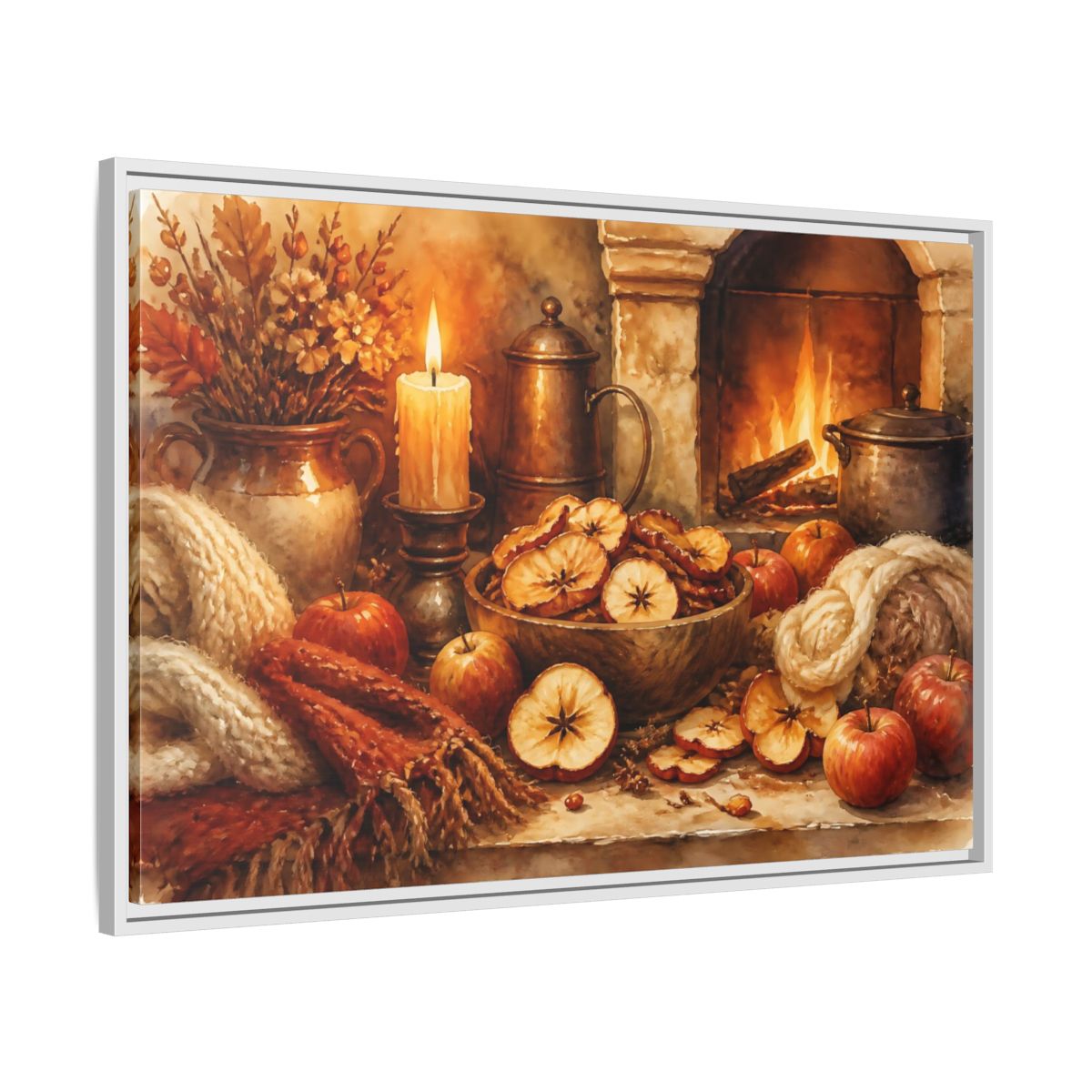 Side Mockup 9. Hearthside Autumn Apples shown as framed canvas print