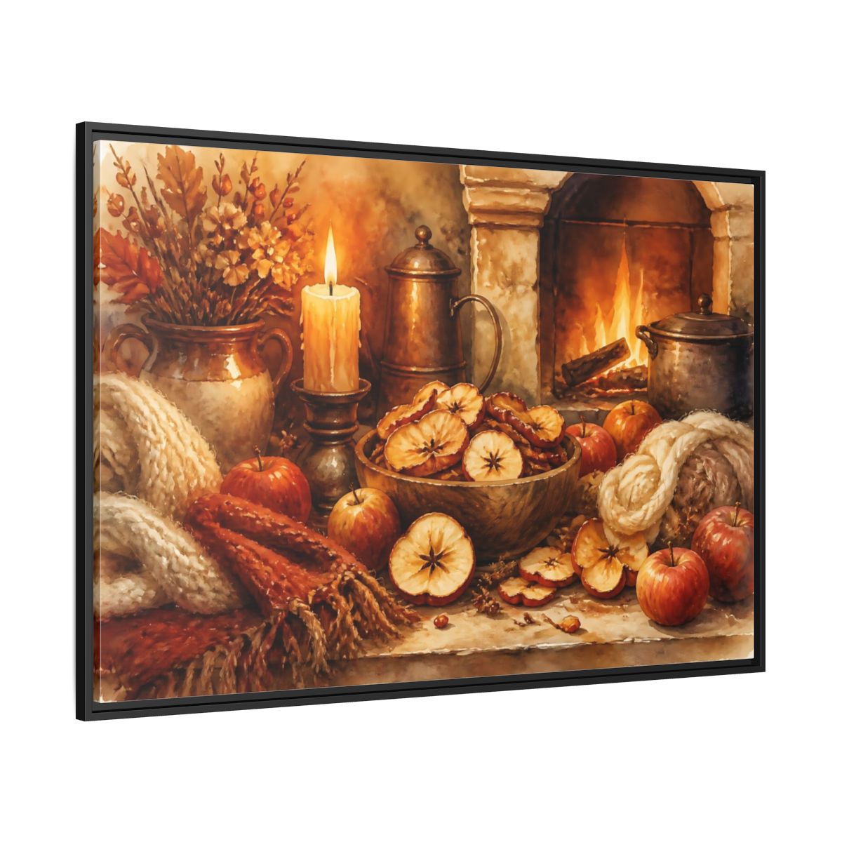 Side Mockup 12. Hearthside Autumn Apples shown as framed canvas print