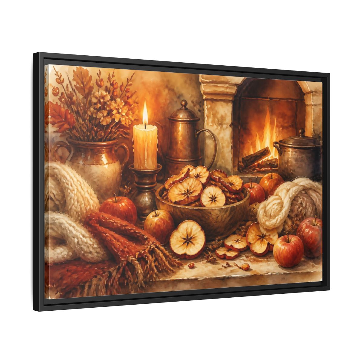 Side Mockup 14. Hearthside Autumn Apples shown as framed canvas print