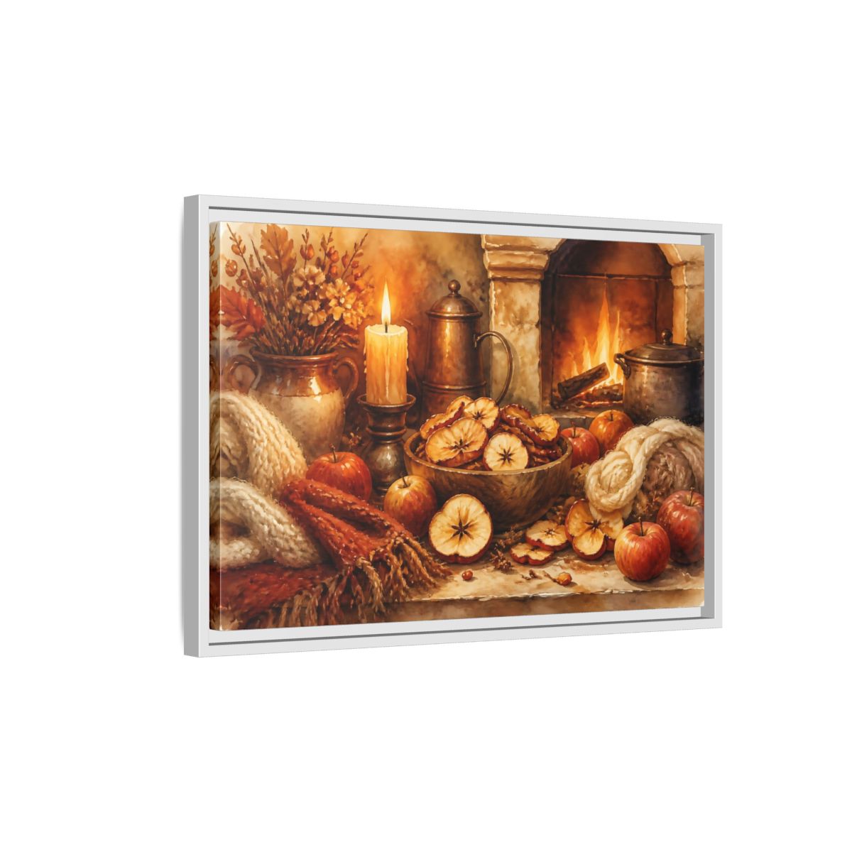 Side Mockup 1. Hearthside Autumn Apples shown as framed canvas print