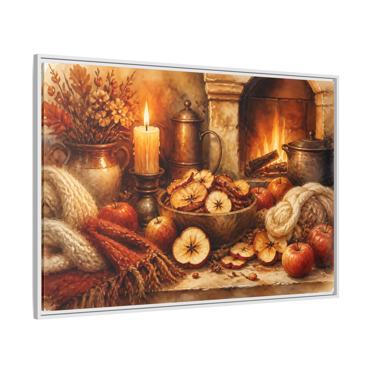 Side Mockup 7. Hearthside Autumn Apples shown as framed canvas print