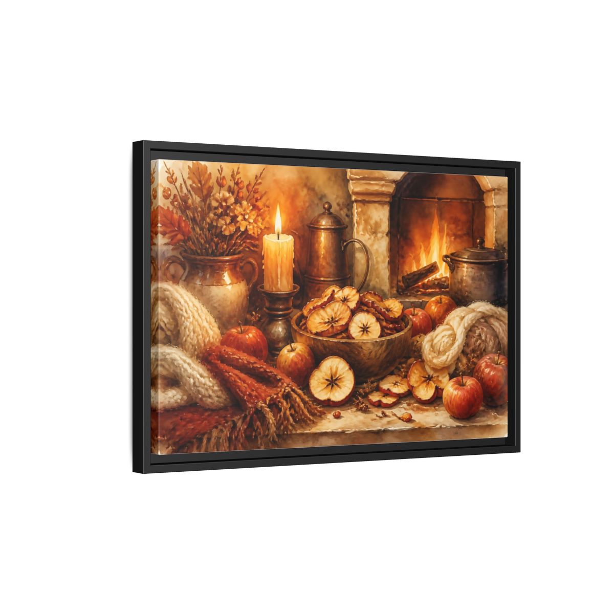 Side Mockup 3. Hearthside Autumn Apples shown as framed canvas print