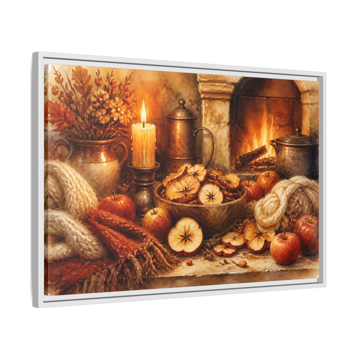 Side Mockup 10. Hearthside Autumn Apples shown as framed canvas print