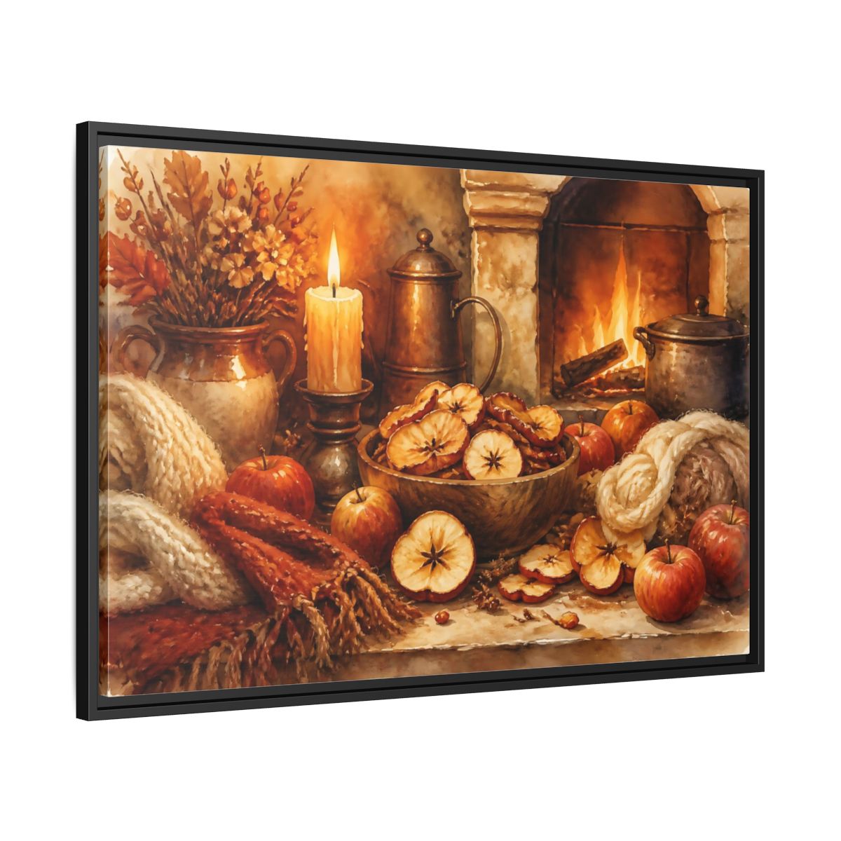 Side Mockup 13. Hearthside Autumn Apples shown as framed canvas print