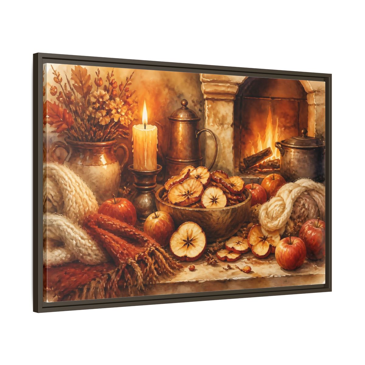 Main Mockup. Hearthside Autumn Apples shown as framed canvas print