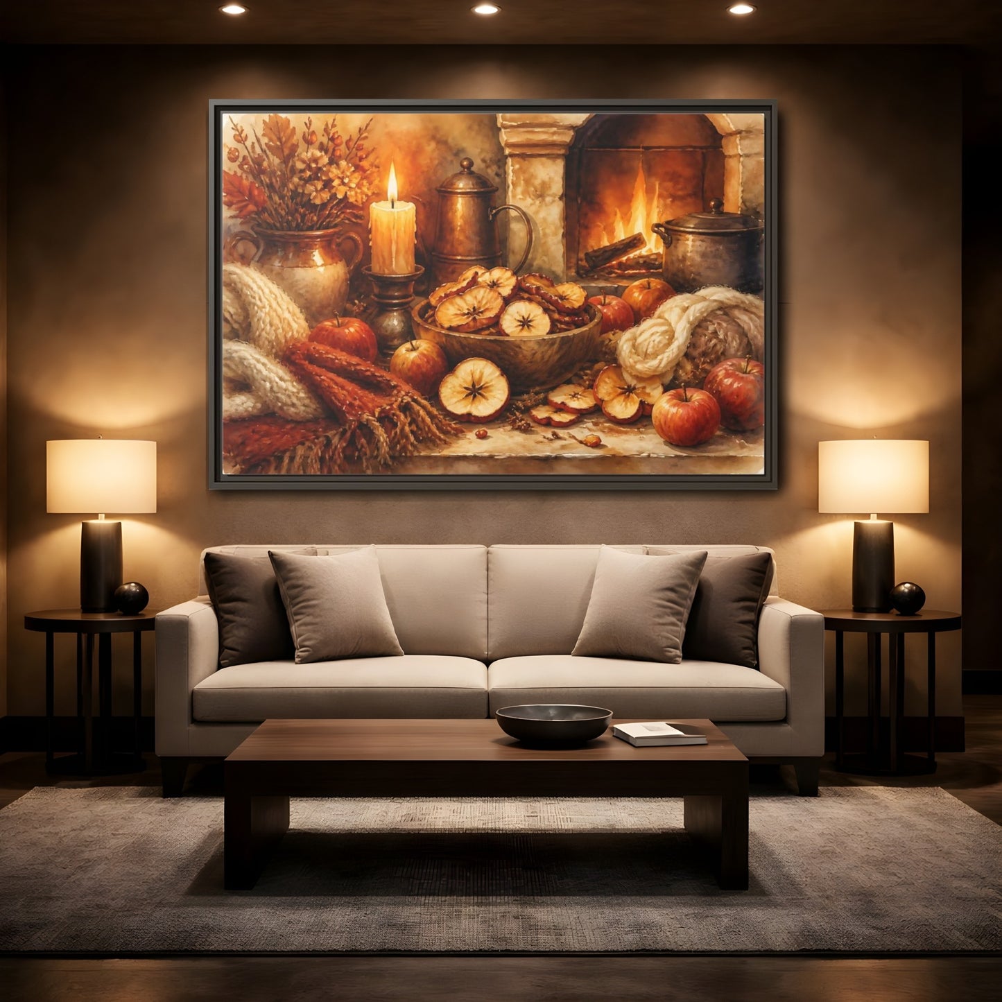 Mockup 2. Hearthside Autumn Apples shown as framed canvas print