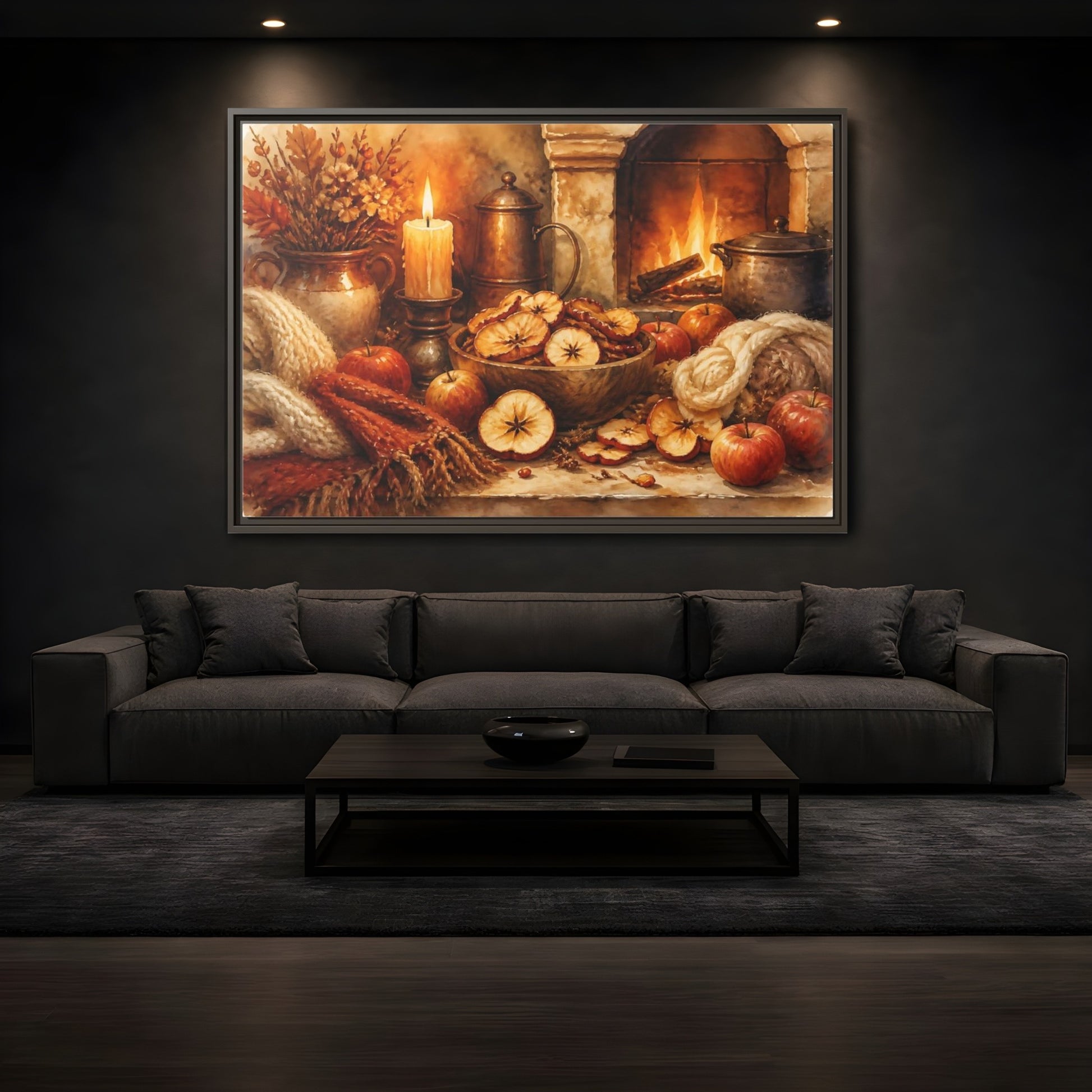Mockup 3. Hearthside Autumn Apples shown as framed canvas print