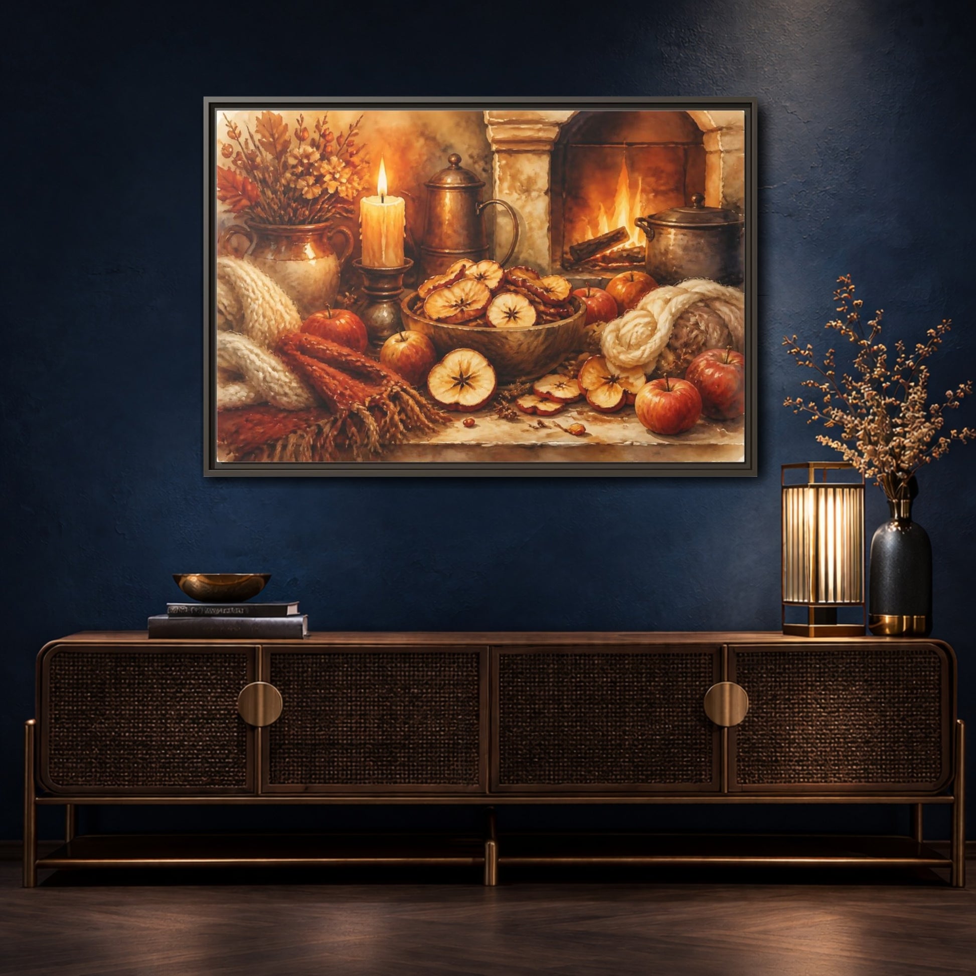 Mockup 4. Hearthside Autumn Apples shown as framed canvas print