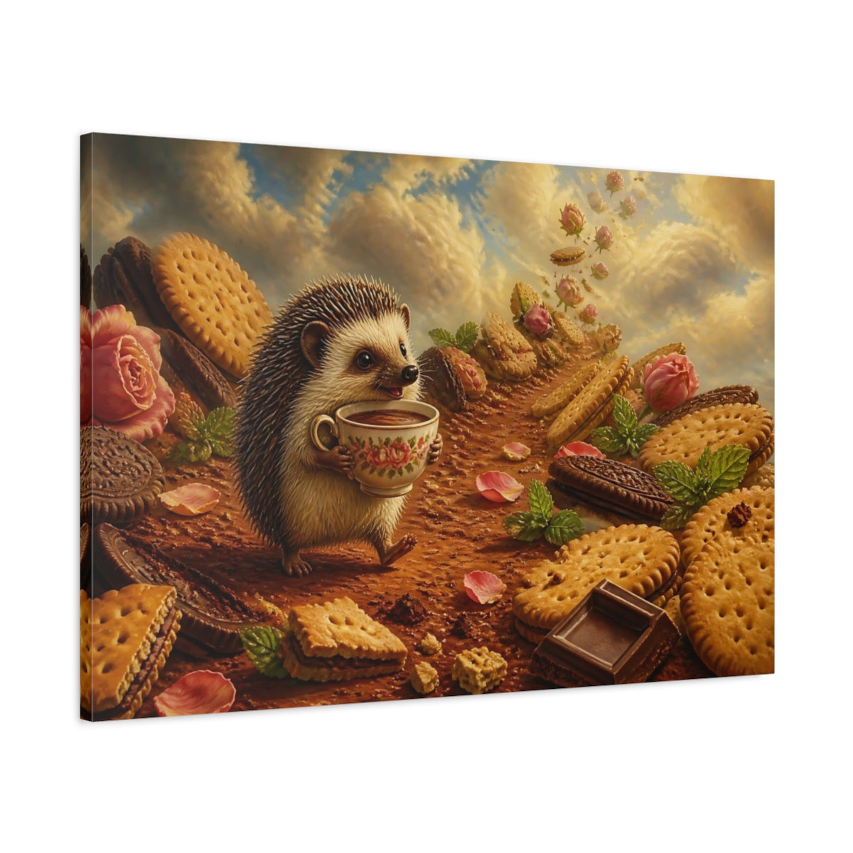 Main Mockup. Hedgehog Tea Party shown as canvas print