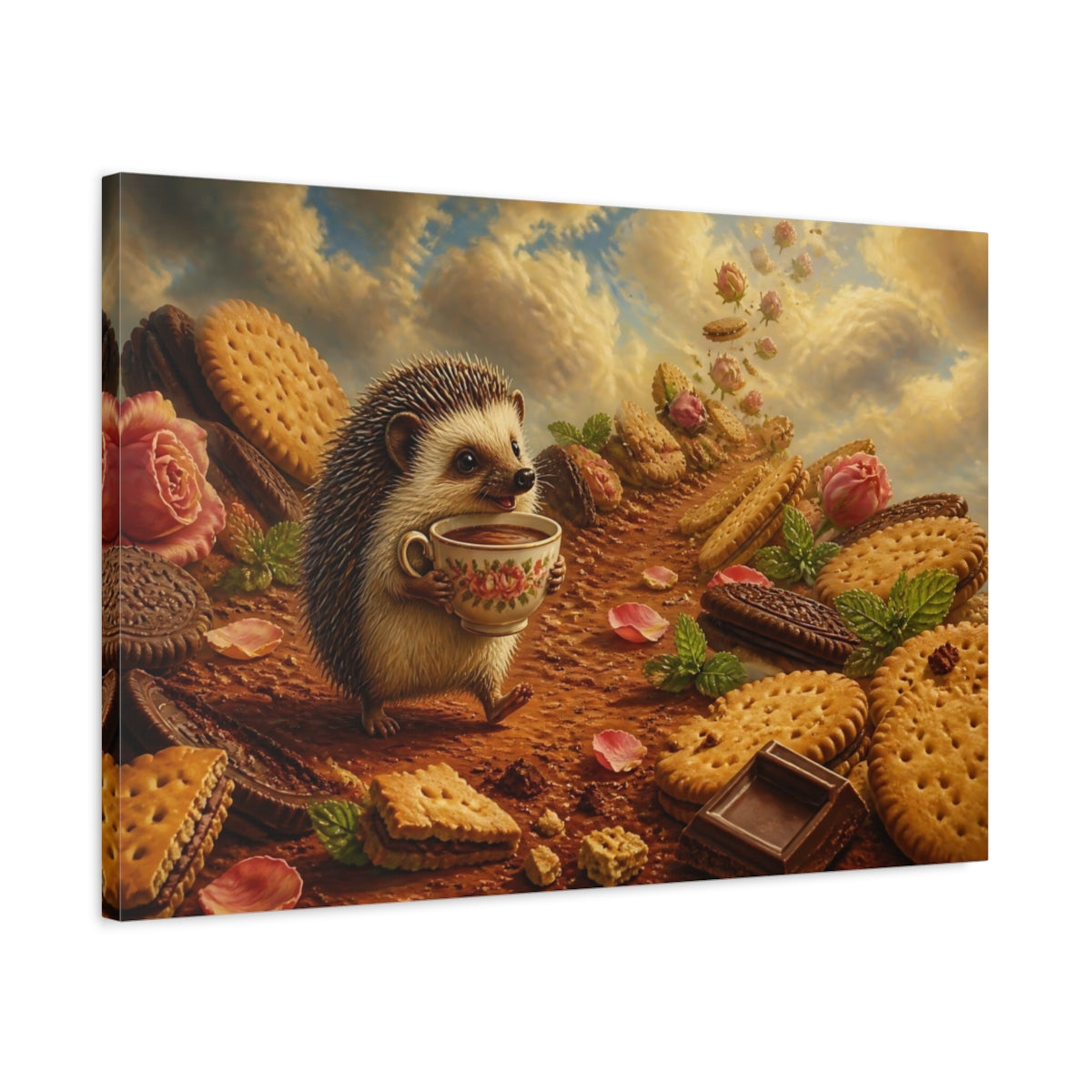 Side Mockup 2. Hedgehog Tea Party shown as canvas print