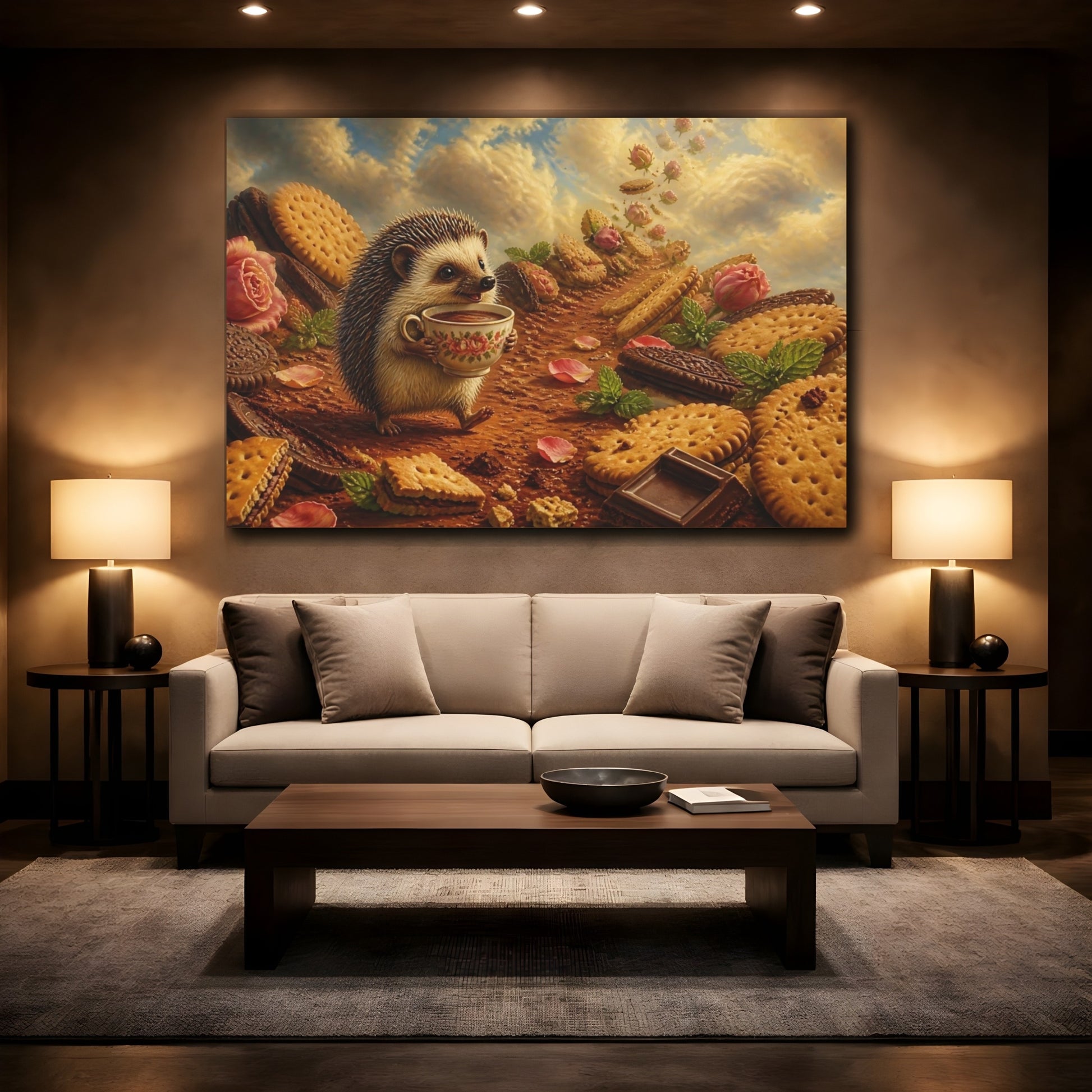 Mockup 2. Hedgehog Tea Party shown as canvas print