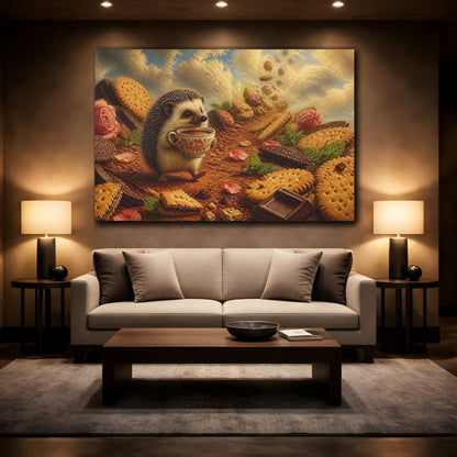 Mockup 2. Hedgehog Tea Party shown as canvas print