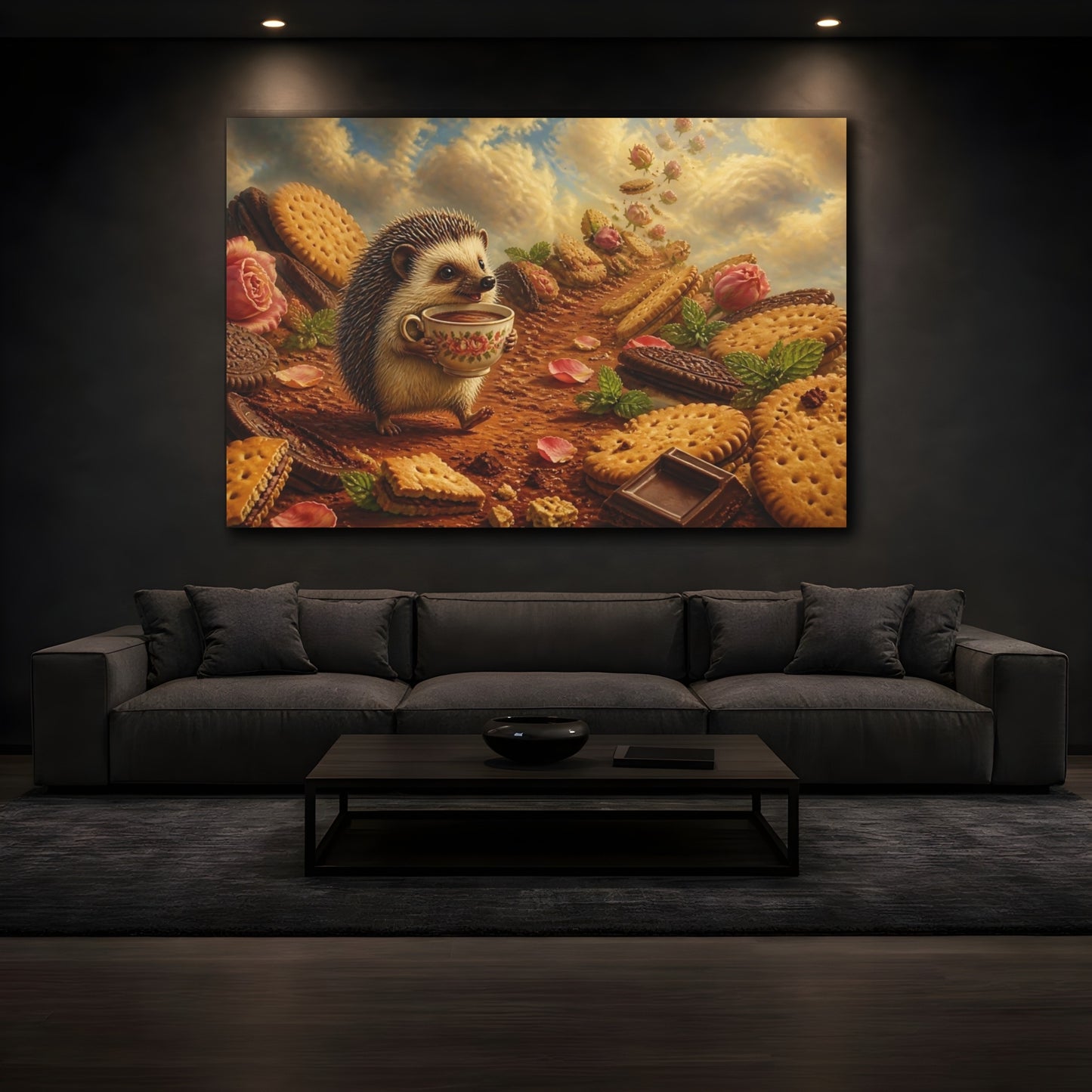 Mockup 3. Hedgehog Tea Party shown as canvas print
