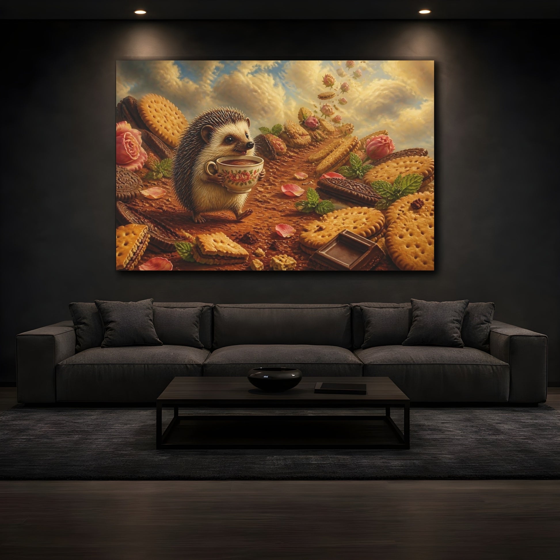 Mockup 3. Hedgehog Tea Party shown as canvas print