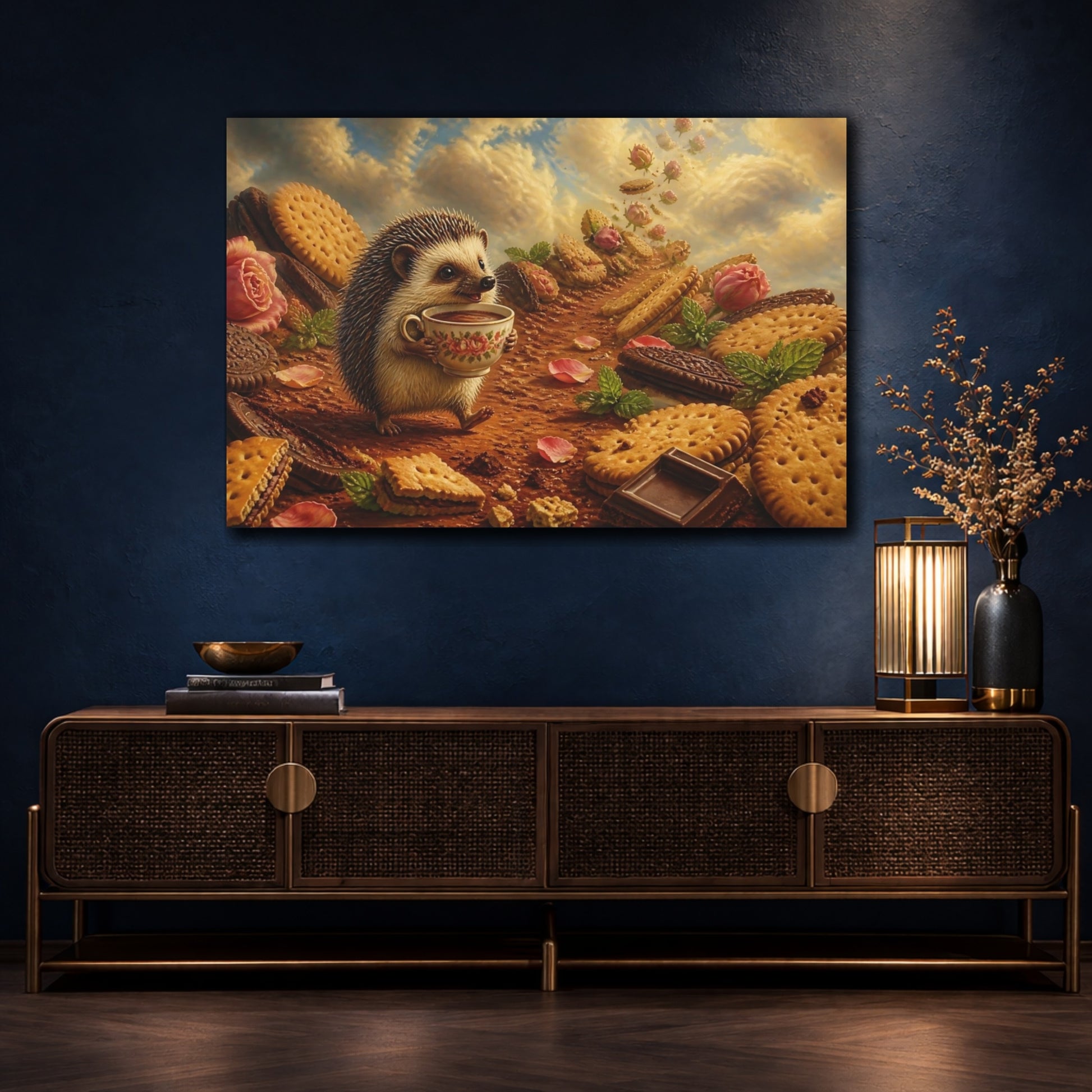 Mockup 4. Hedgehog Tea Party shown as canvas print