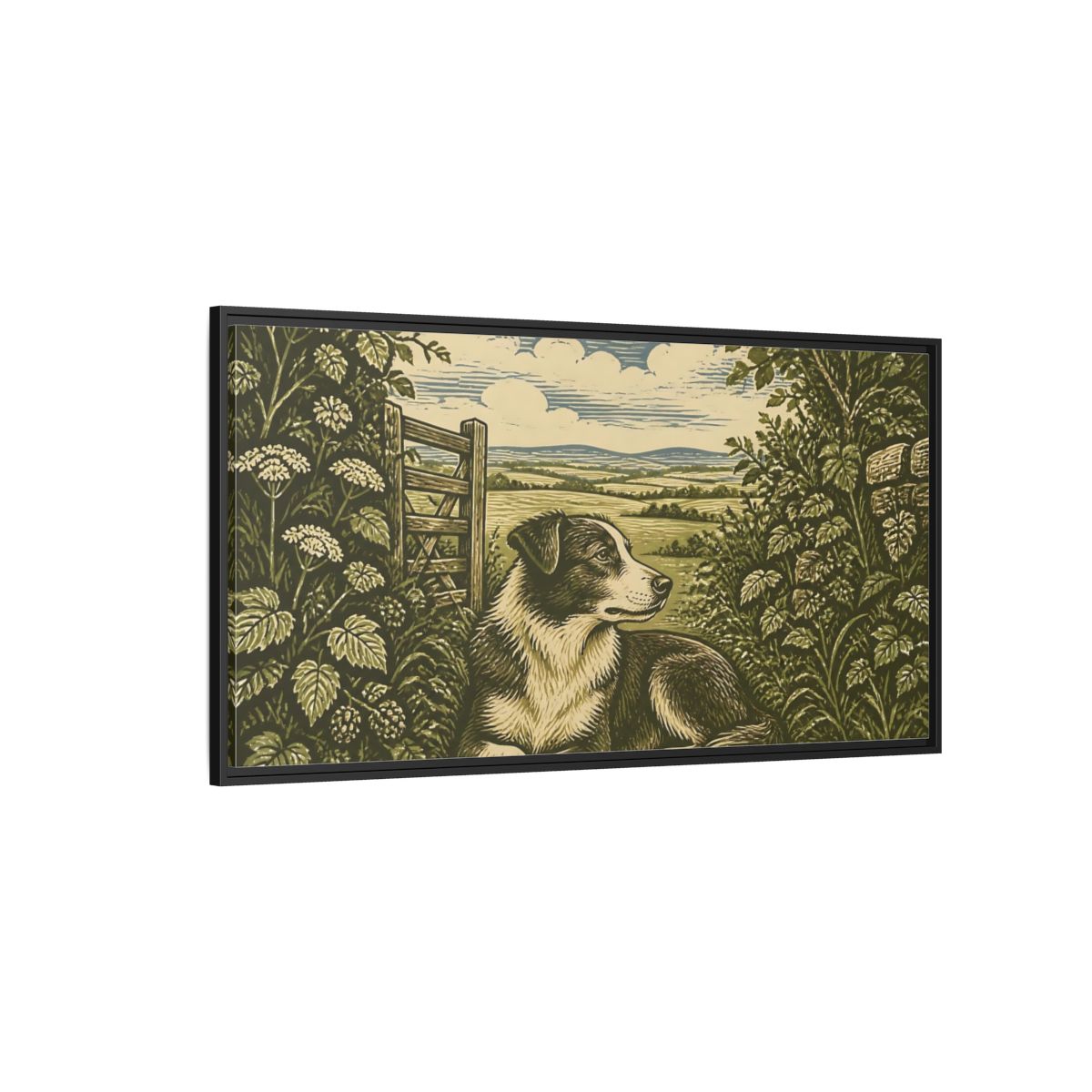 Side Mockup 5. Hedgerow Farm Dog shown as framed canvas print