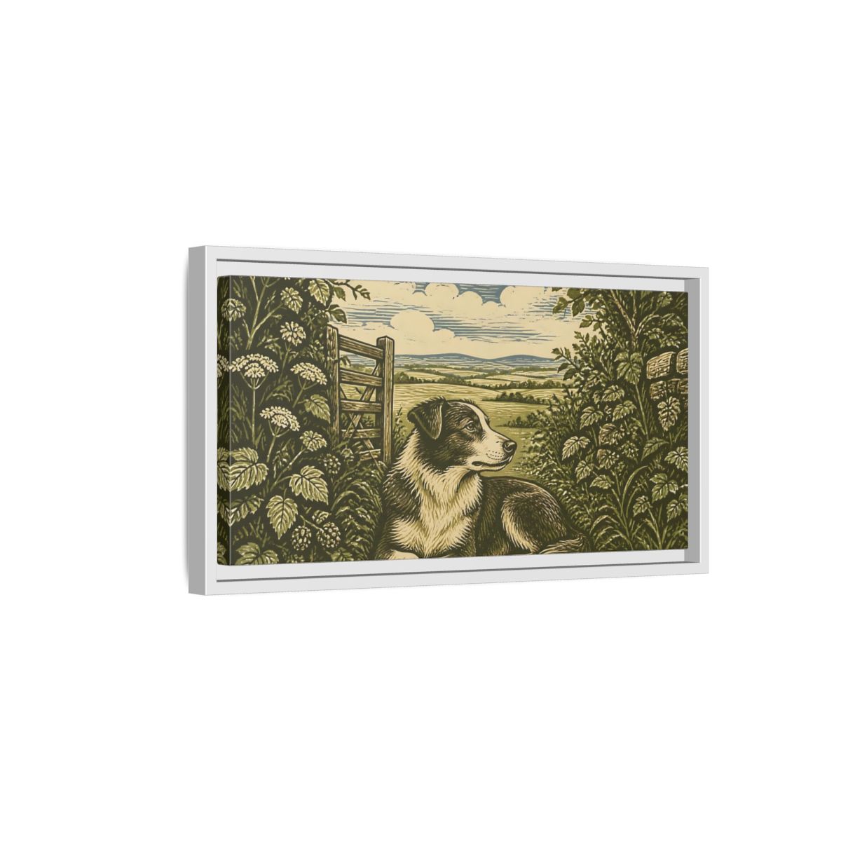 Side Mockup 6. Hedgerow Farm Dog shown as framed canvas print