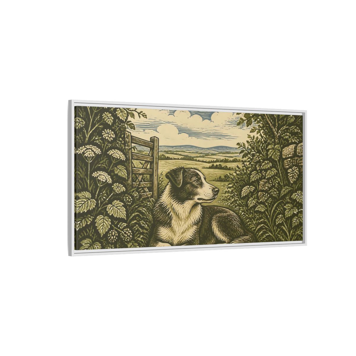 Side Mockup 3. Hedgerow Farm Dog shown as framed canvas print
