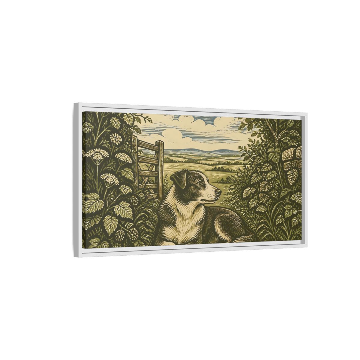 Side Mockup 1. Hedgerow Farm Dog shown as framed canvas print