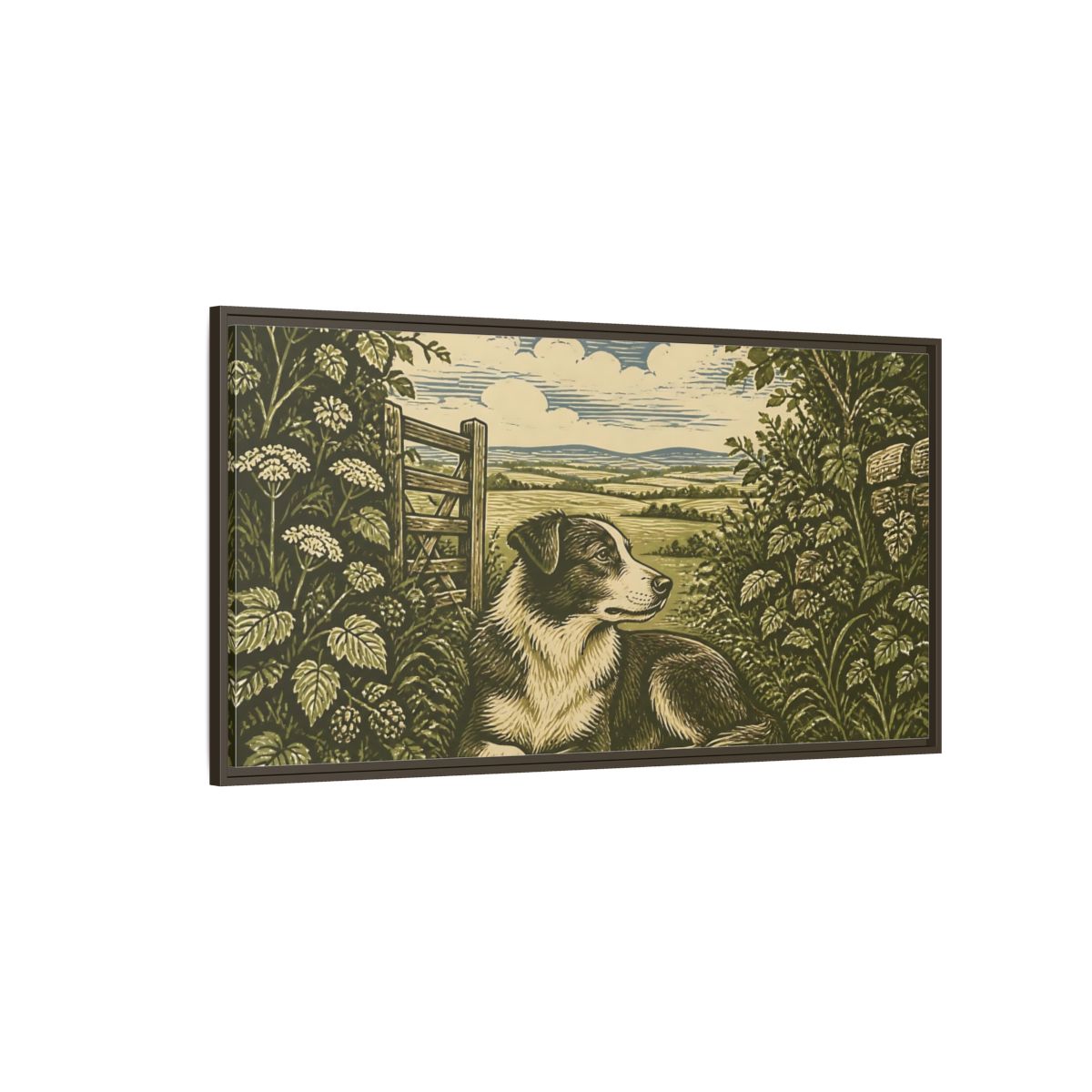Side Mockup 4. Hedgerow Farm Dog shown as framed canvas print