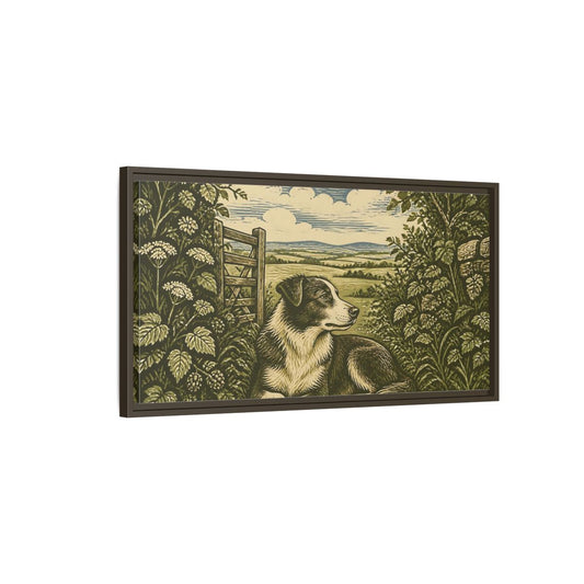 Main Mockup. Hedgerow Farm Dog shown as framed canvas print