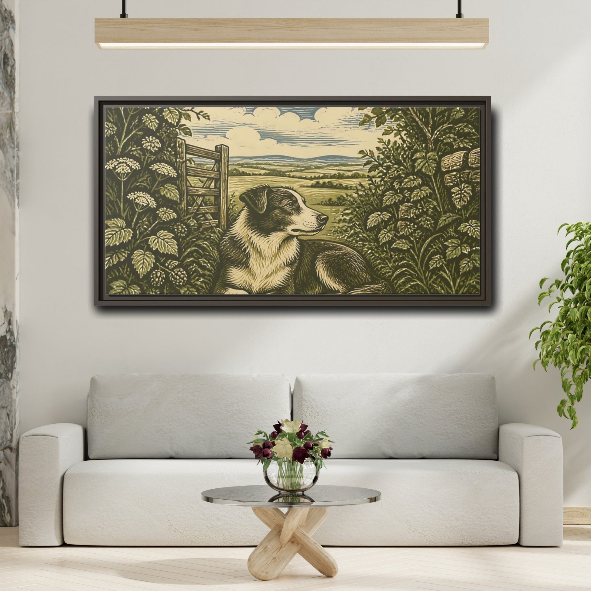 Mockup 2. Hedgerow Farm Dog shown as framed canvas print