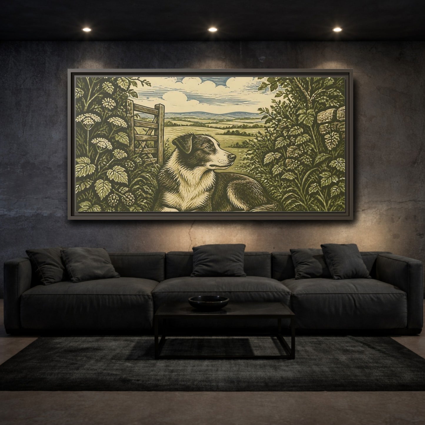Mockup 3. Hedgerow Farm Dog shown as framed canvas print