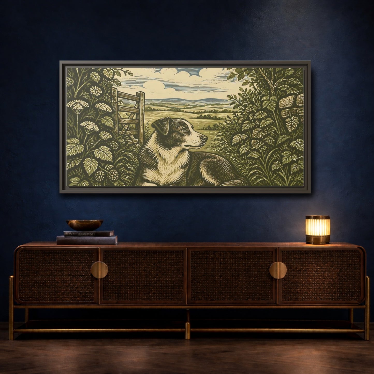 Mockup 4. Hedgerow Farm Dog shown as framed canvas print