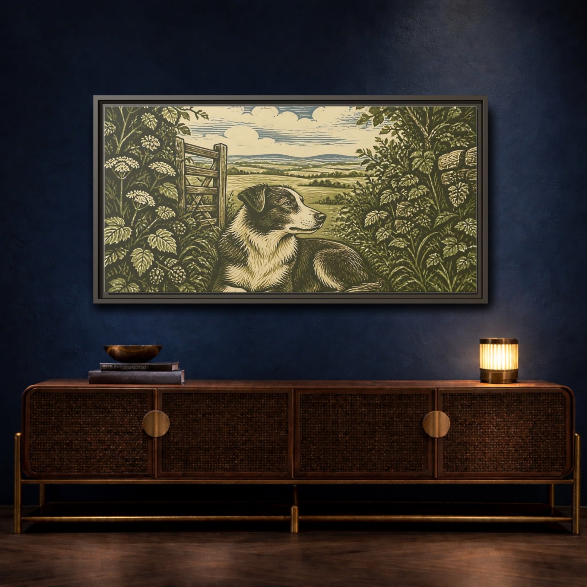 Mockup 4. Hedgerow Farm Dog shown as framed canvas print