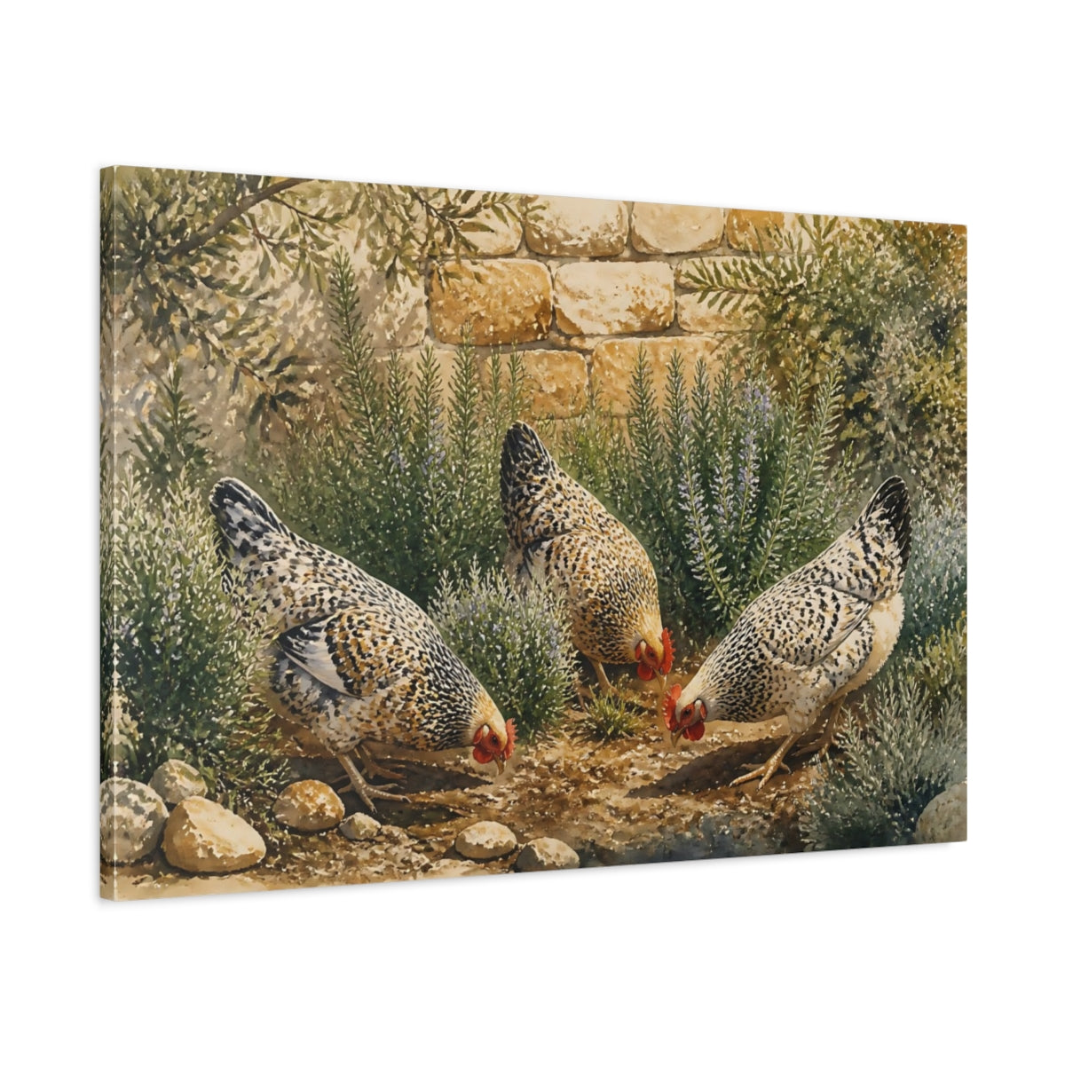 Main Mockup. Hens In Rosemary shown as canvas print