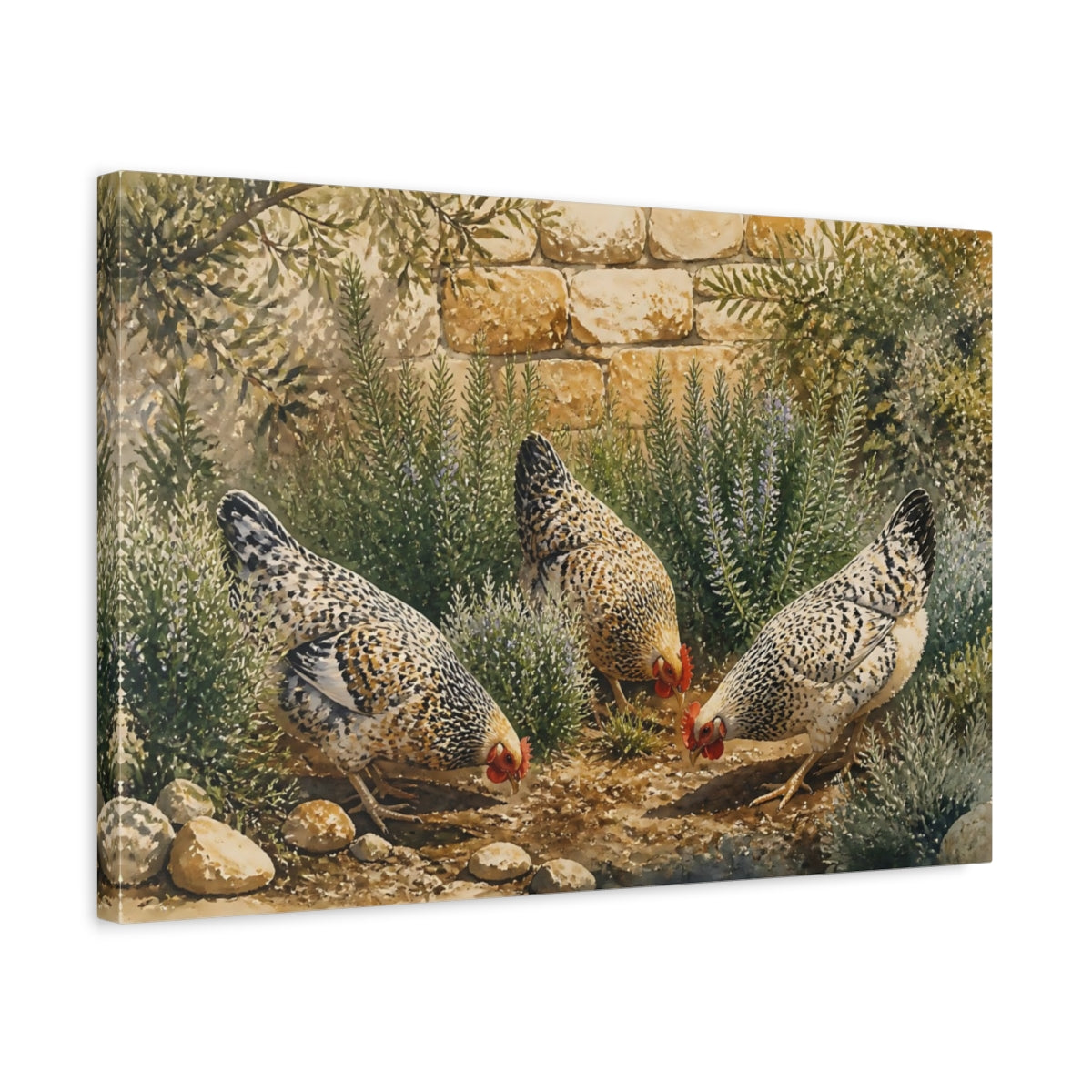 Side Mockup 3. Hens In Rosemary shown as canvas print