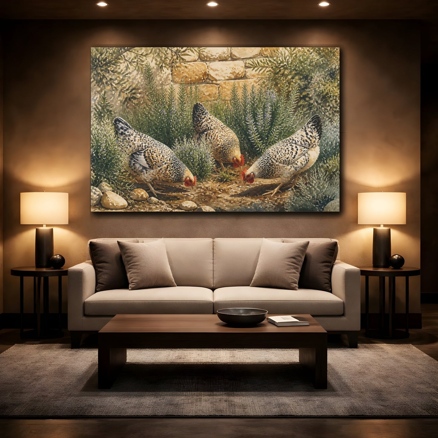 Mockup 2. Hens In Rosemary shown as canvas print